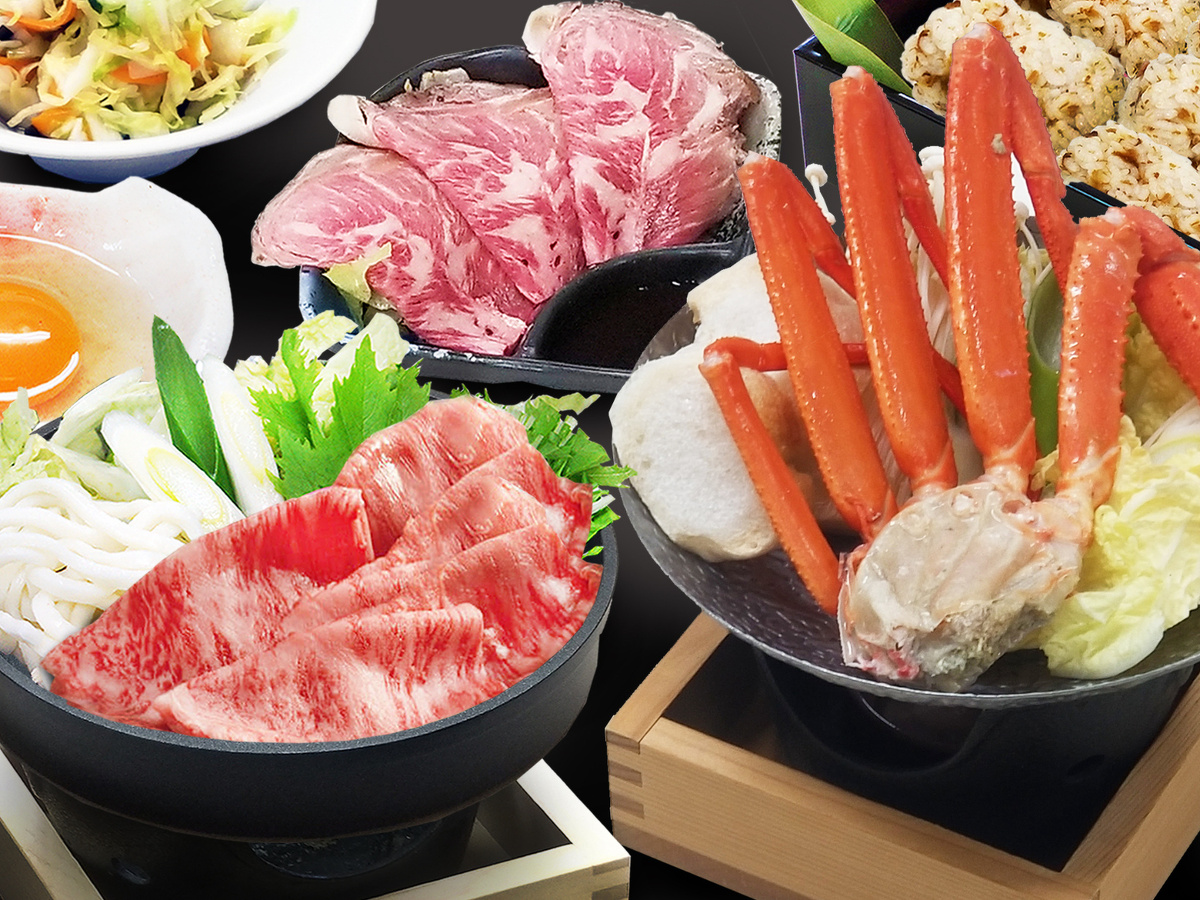 カニすき＆牛すきのダブル鍋御膳、さらに牛＆カニ雑炊食べ放題付きの昼食
